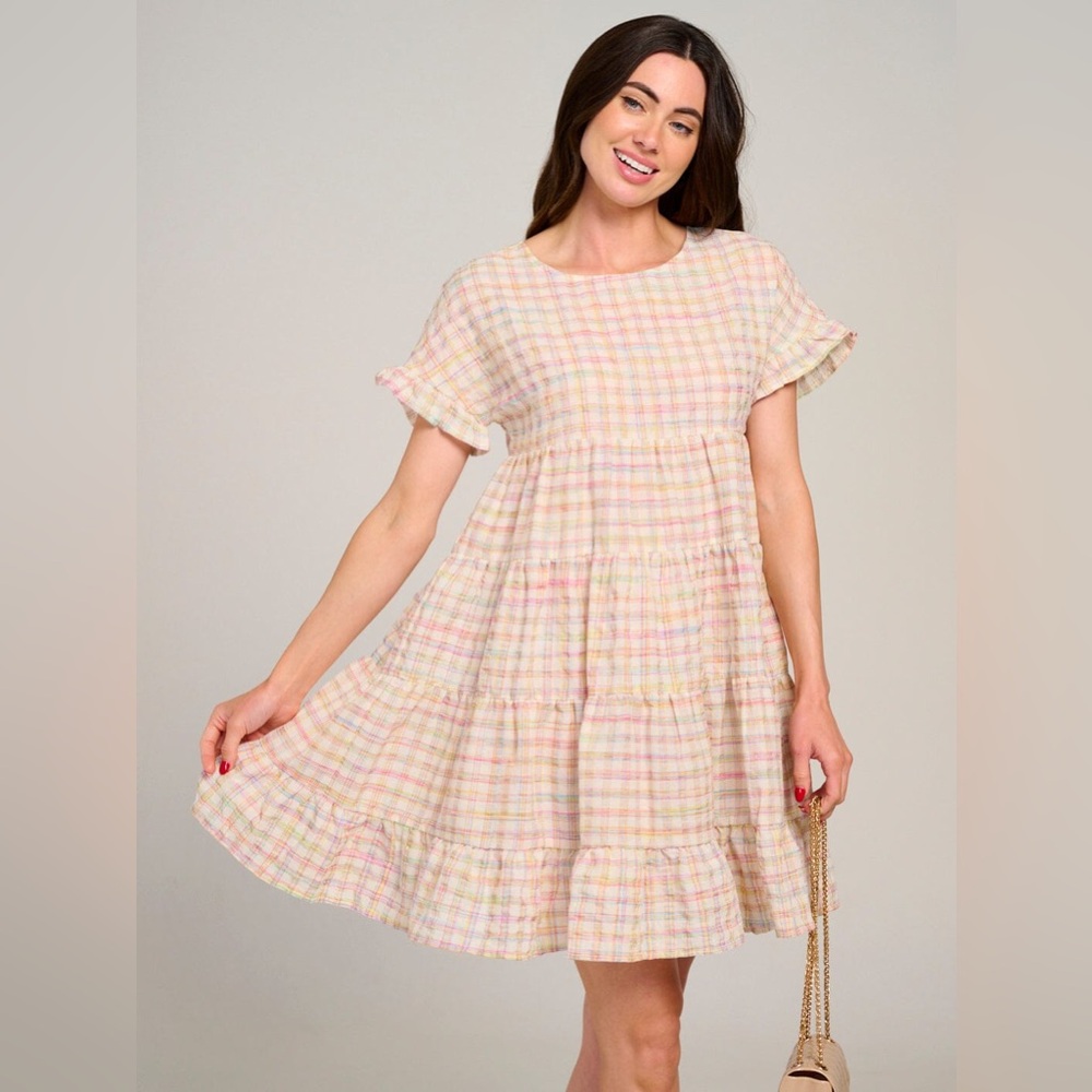 NWT BiBi SHORT SLEEVE TIERED LOOSE FIT MULTI PLAID MINI DRESS